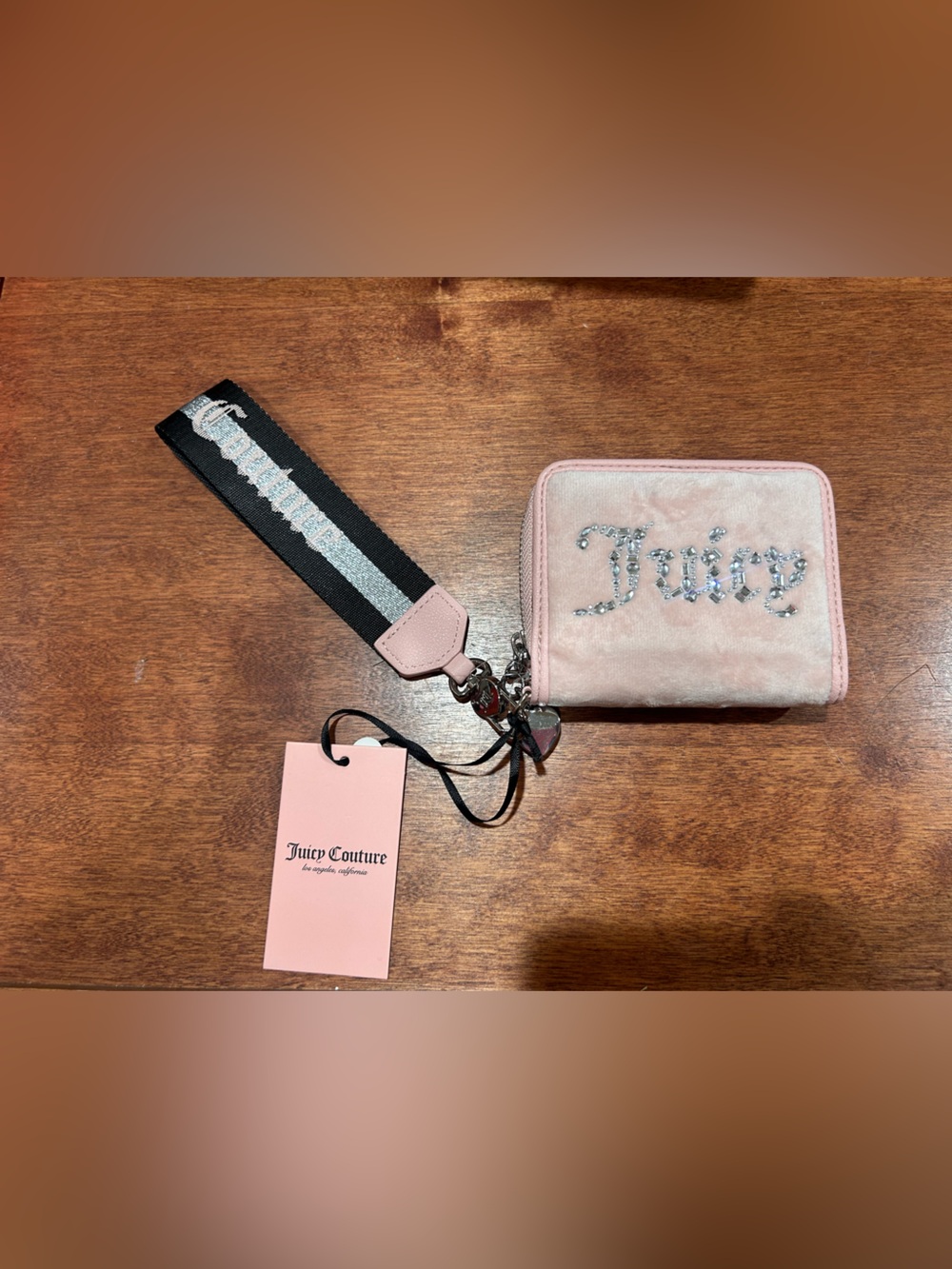 NWT Juicy Couture Pink Jeweled 'Juicy' Velvet Wallet with Wrist Strap
